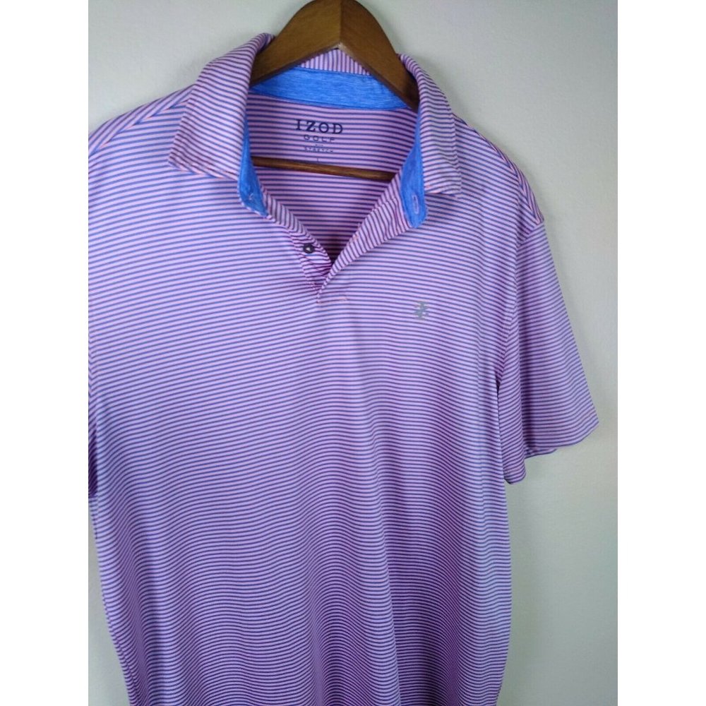 IZOD golf shirt LARGE Pink Blue striped polo With Stretch